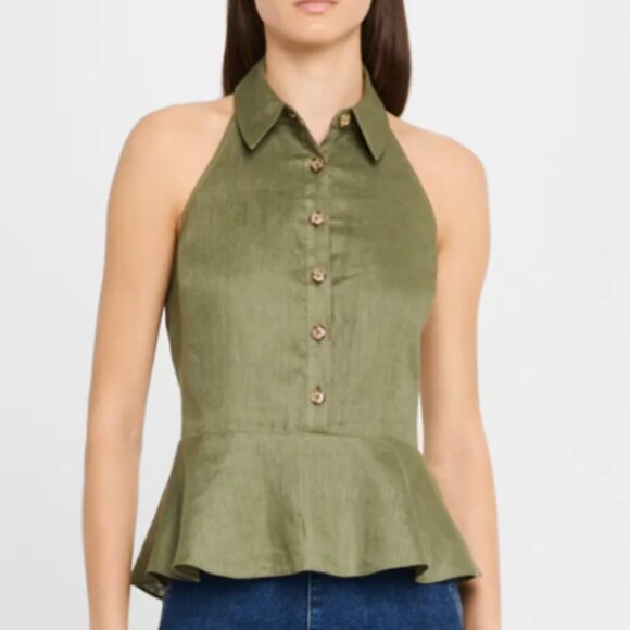 NEW - Veronica Beard Lancaster sleeveless green olive Linen peplum Top sz 6 - Picture 2 of 5